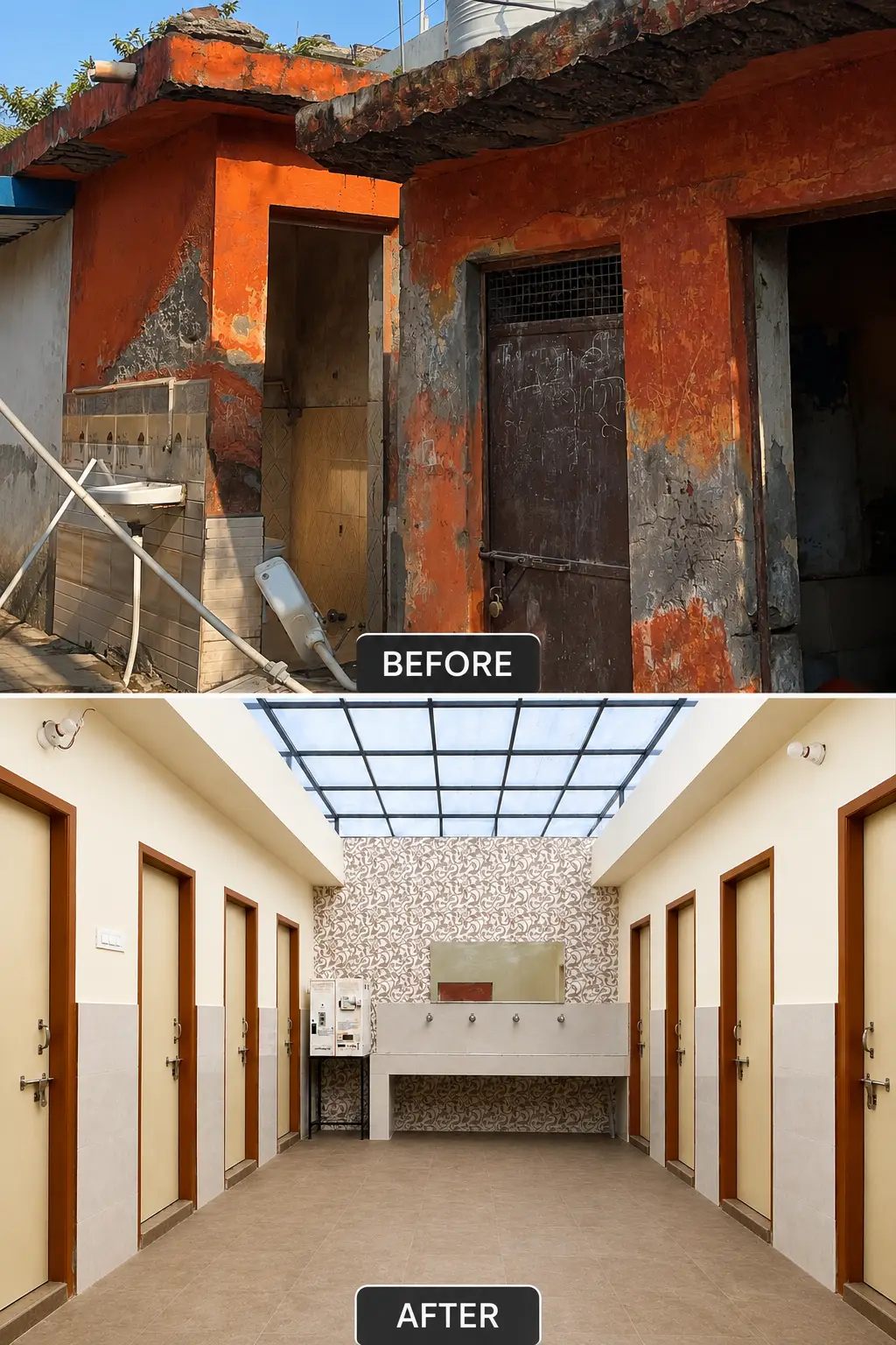Before and after of a transformed school washroom