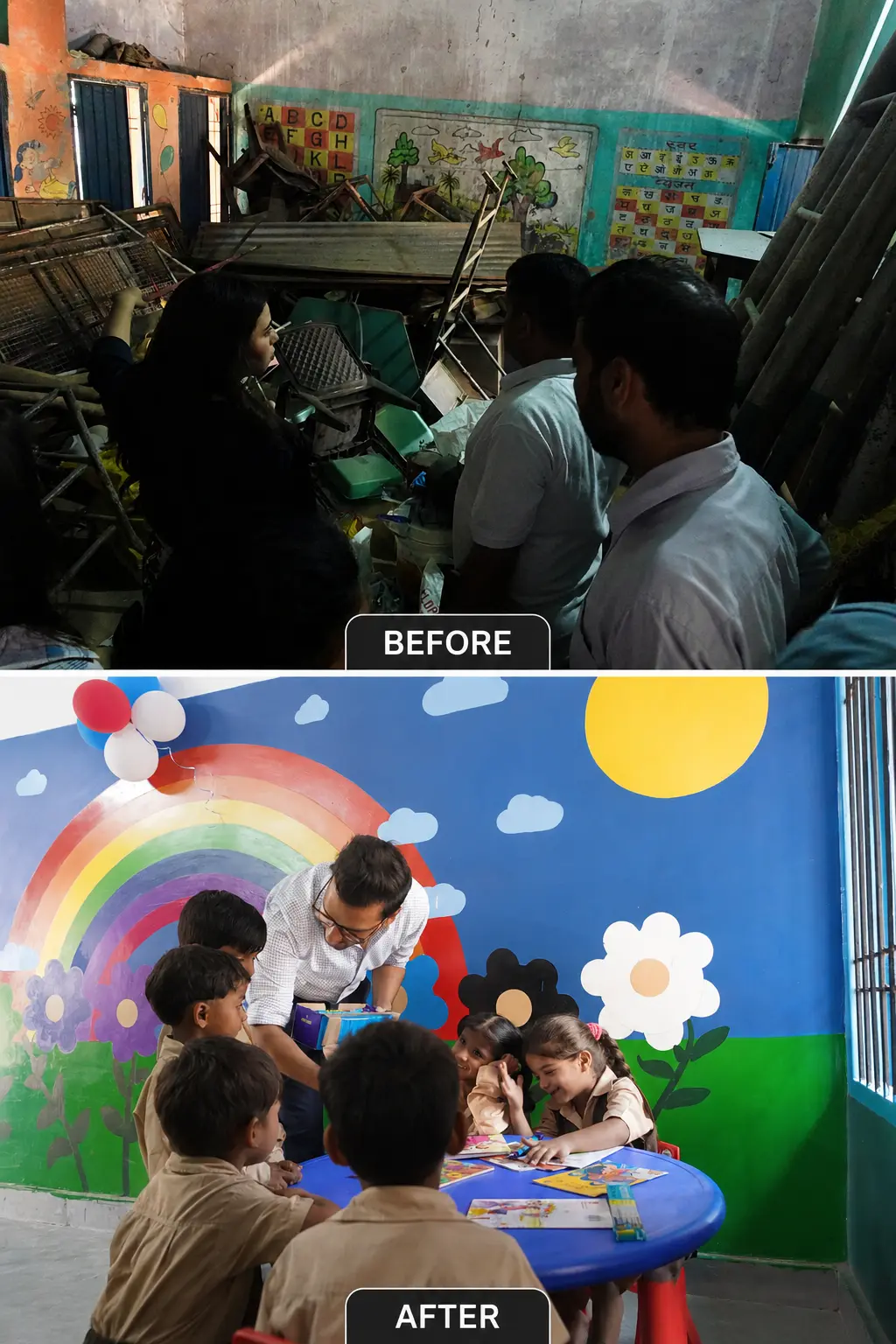 Before and after of a junk room transformed into a bright classroom